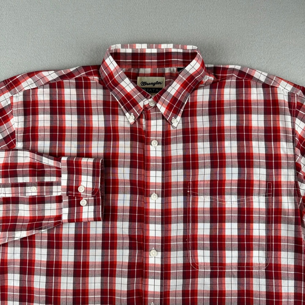 Wrangler Riata Button Down Shirt Mens Large Red White Plaid Long Sleeve Pocket